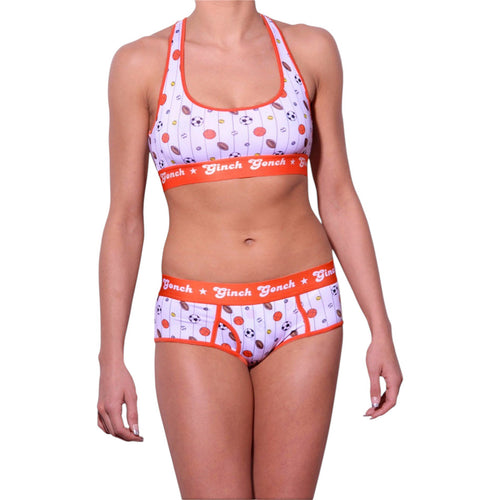 Ginch Gonch Hardball Sports Bra with all-over sports print and matching boyfriend briefs, showing the 4-way stretch performance fit worn by a model .