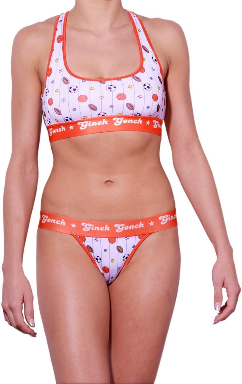 Ginch Gonch Hardball Gogo Briefs and matching sports bra with all-over sports print and anti-muffin-top waistband worn by a model with a white background.