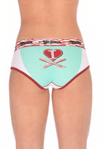 Rear view of a model wearing Ginch Gonch I Love Bacon Women's Boyfriend Briefs in white multicolor bacon print, showing relaxed boyfriend cut.