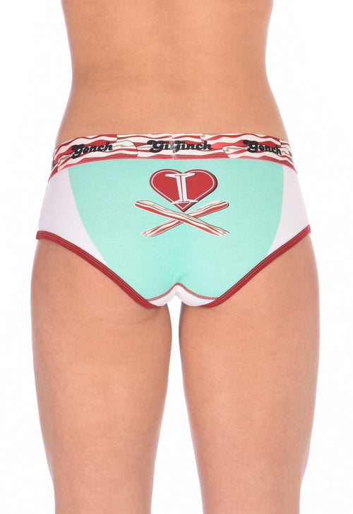 Rear view of a model wearing Ginch Gonch I Love Bacon Women's Boyfriend Briefs in white multicolor bacon print, showing relaxed boyfriend cut.
