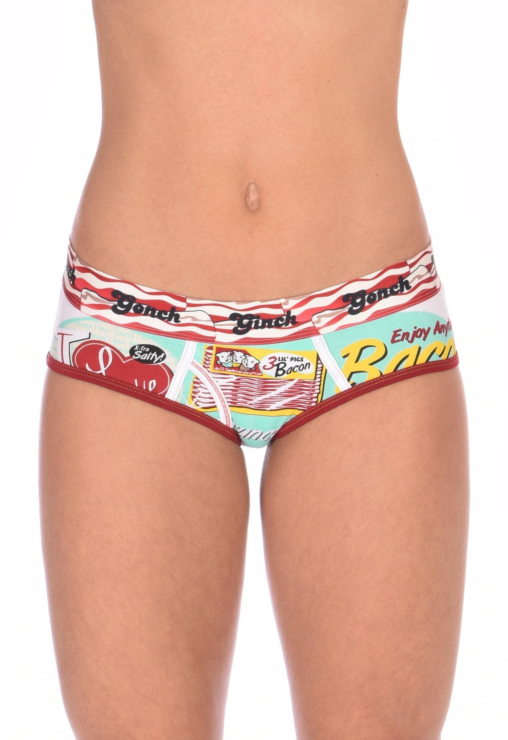 Ginch Gonch I Love Bacon Women's Boyfriend Briefs, white with bacon and pig cartoon print in aqua, red and yellow, worn by model.