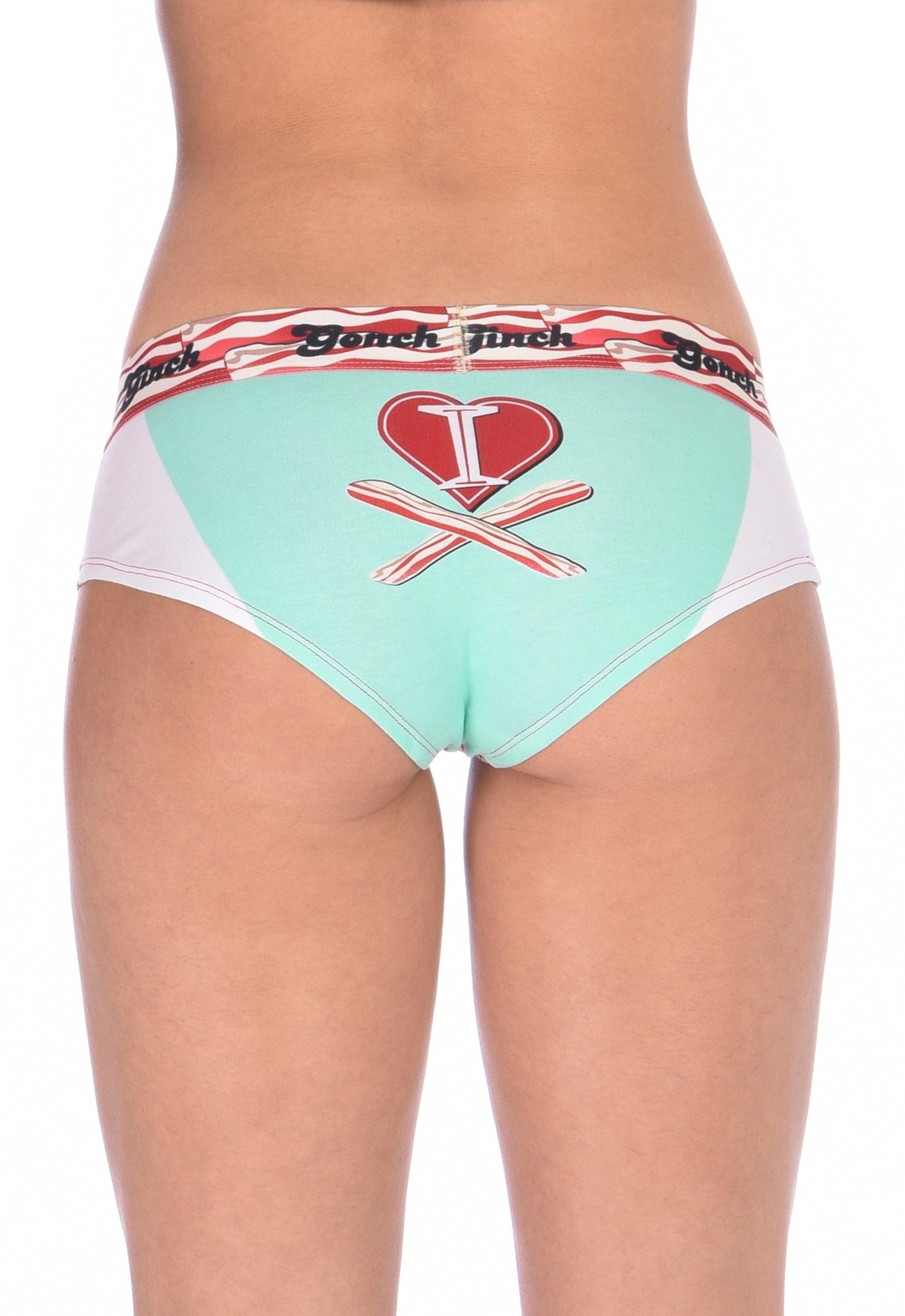 Back view of Ginch Gonch I Love Bacon Women's Gogo Briefs in white with multicolor bacon print, showing gogo cut and stretch fit