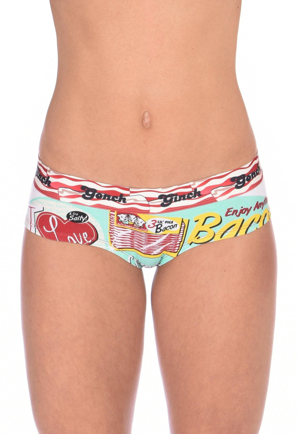 Back view of Ginch Gonch I Love Bacon Women's Gogo Briefs in white with multicolor bacon print, showing gogo cut and stretch fit