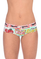 Back view of Ginch Gonch I Love Bacon Women's Gogo Briefs in white with multicolor bacon print, showing gogo cut and stretch fit