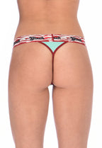 Seen from behind, Ginch Gonch I Love Bacon Women's Thong in white multicolor bacon print, thong cut with anti muffin-top waistband and 4-way stretch cotton.