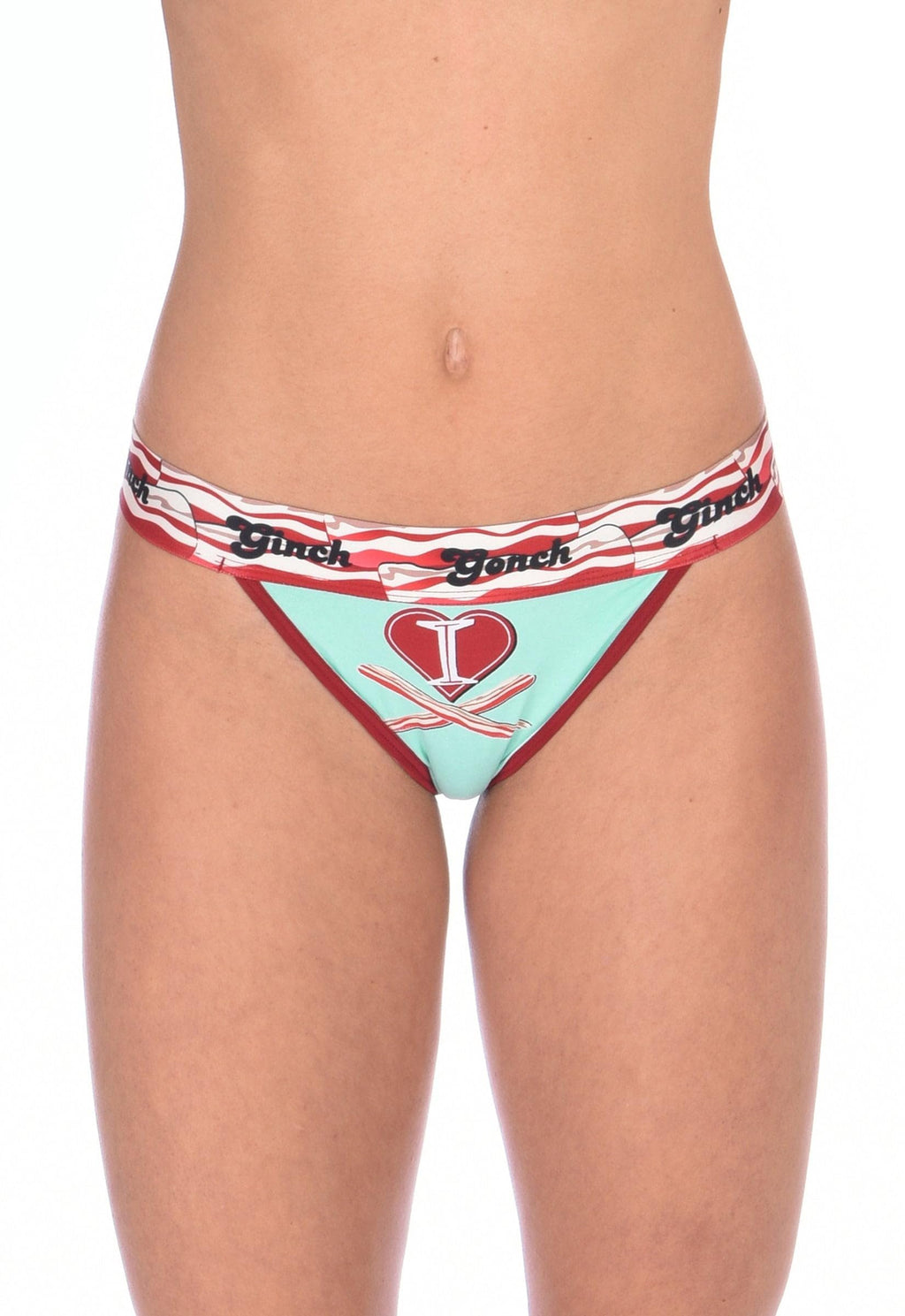 Ginch Gonch I Love Bacon Women's Thong, white with bacon and pig cartoon print in aqua, red and yellow, anti muffin-top waistband, 4-way stretch cotton, worn by model.