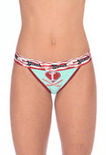 Ginch Gonch I Love Bacon Women's Thong, white with bacon and pig cartoon print in aqua, red and yellow, anti muffin-top waistband, 4-way stretch cotton, worn by model.