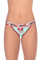 Ginch Gonch I Love Bacon Women's Thong, white with bacon and pig cartoon print in aqua, red and yellow, anti muffin-top waistband, 4-way stretch cotton, worn by model.