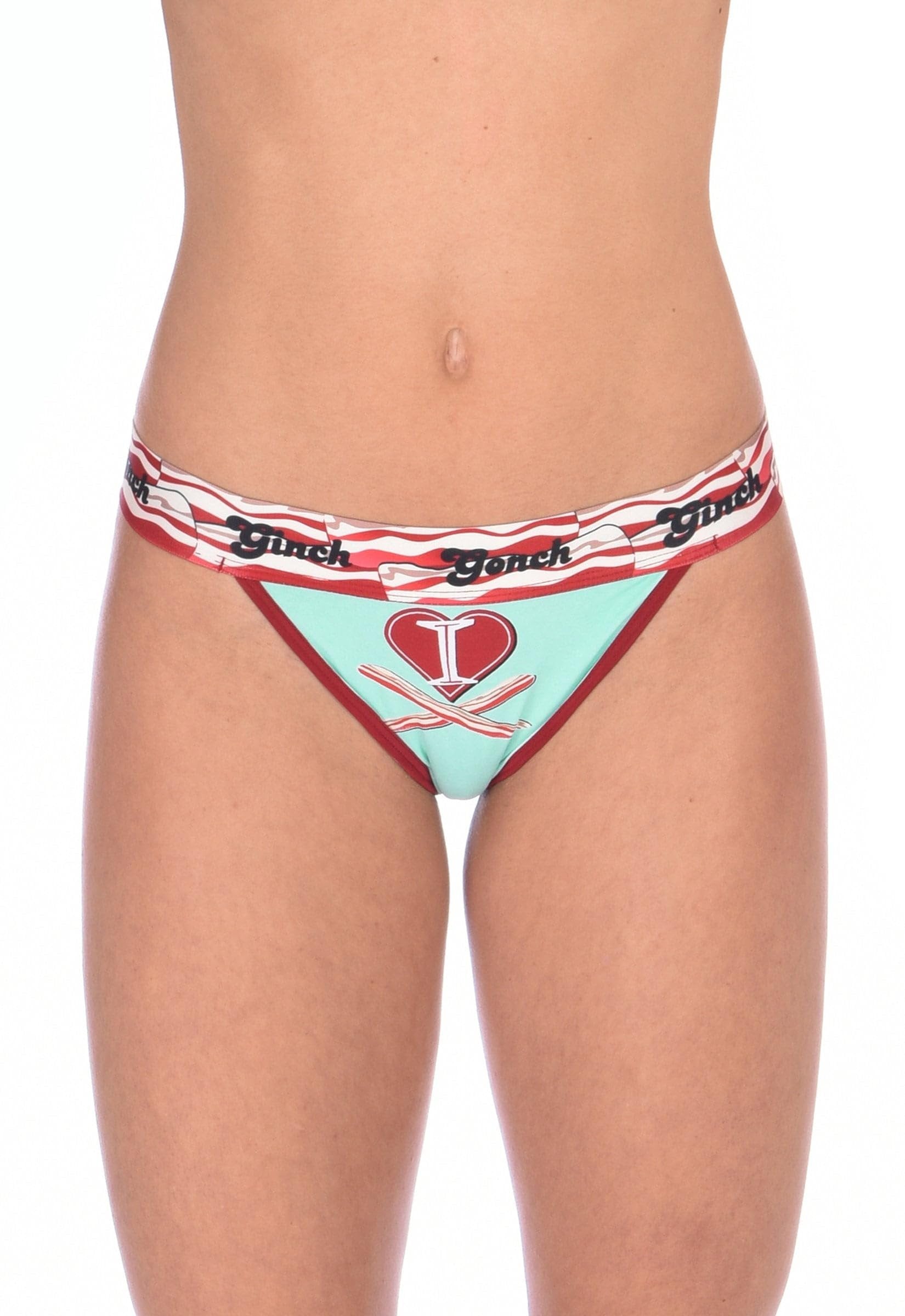 Ginch Gonch I Love Bacon Women's Thong, white with bacon and pig cartoon print in aqua, red and yellow, anti muffin-top waistband, 4-way stretch cotton, worn by model.