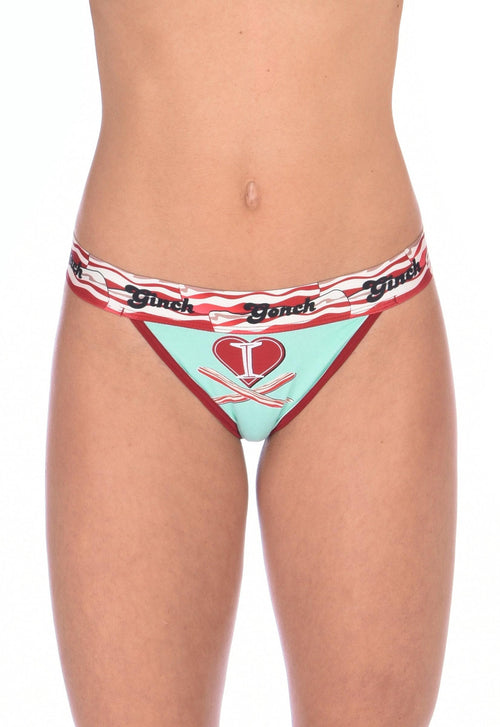 Ginch Gonch I Love Bacon Women's Thong, white with bacon and pig cartoon print in aqua, red and yellow, anti muffin-top waistband, 4-way stretch cotton, worn by model.