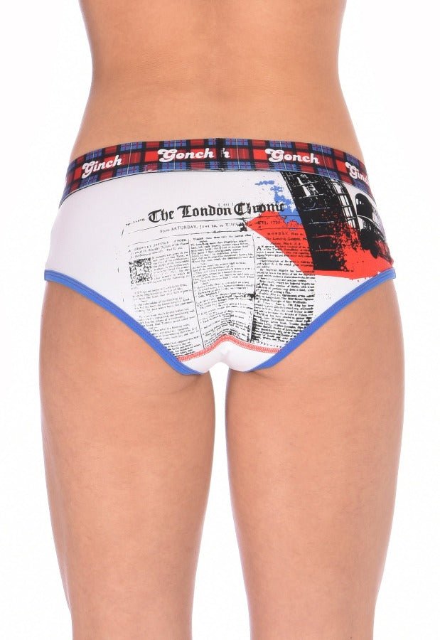 Viewed from behind of a model wearing Ginch Gonch I Love London Women's Boyfriend Briefs, white UK landmark print, relaxed boyfriend cut, anti muffin-top waistband.