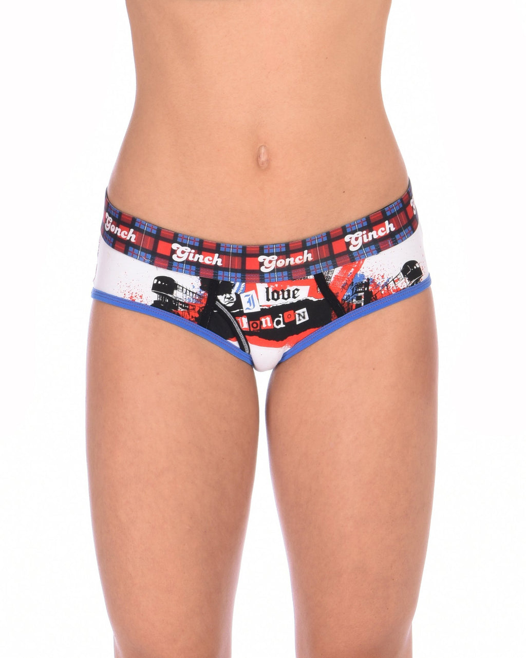 Ginch Gonch I Love London Women's Boyfriend Briefs, white Big Ben London Bridge print, anti muffin-top waistband, 4-way stretch cotton worn by a model.