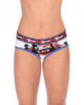 Ginch Gonch I Love London Women's Boyfriend Briefs, white Big Ben London Bridge print, anti muffin-top waistband, 4-way stretch cotton worn by a model.