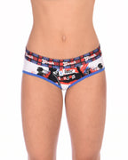 Ginch Gonch I Love London Women's Boyfriend Briefs, white Big Ben London Bridge print, anti muffin-top waistband, 4-way stretch cotton worn by a model.