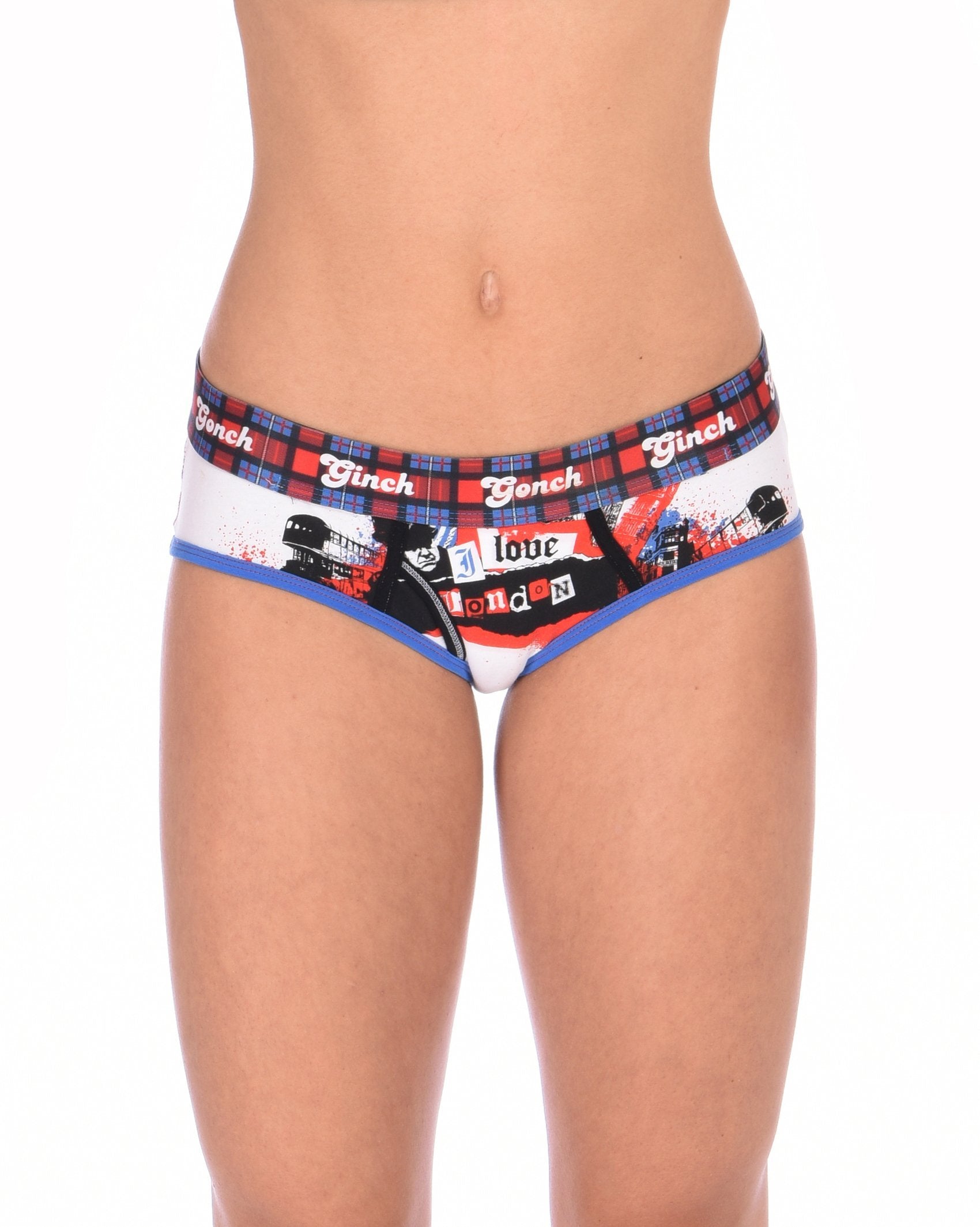 Ginch Gonch I Love London Women's Boyfriend Briefs, white Big Ben London Bridge print, anti muffin-top waistband, 4-way stretch cotton worn by a model.
