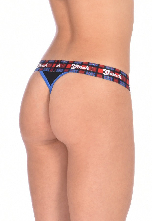 Showing the back of a model Ginch Gonch I Love London Women's Thong in white UK landmark print, thong cut with anti muffin-top waistband and stretch cotton.