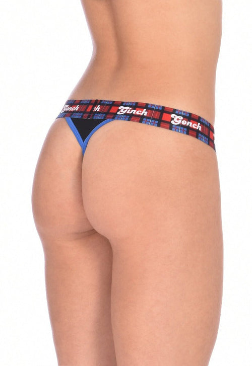 Showing the back of a model Ginch Gonch I Love London Women's Thong in white UK landmark print, thong cut with anti muffin-top waistband and stretch cotton.