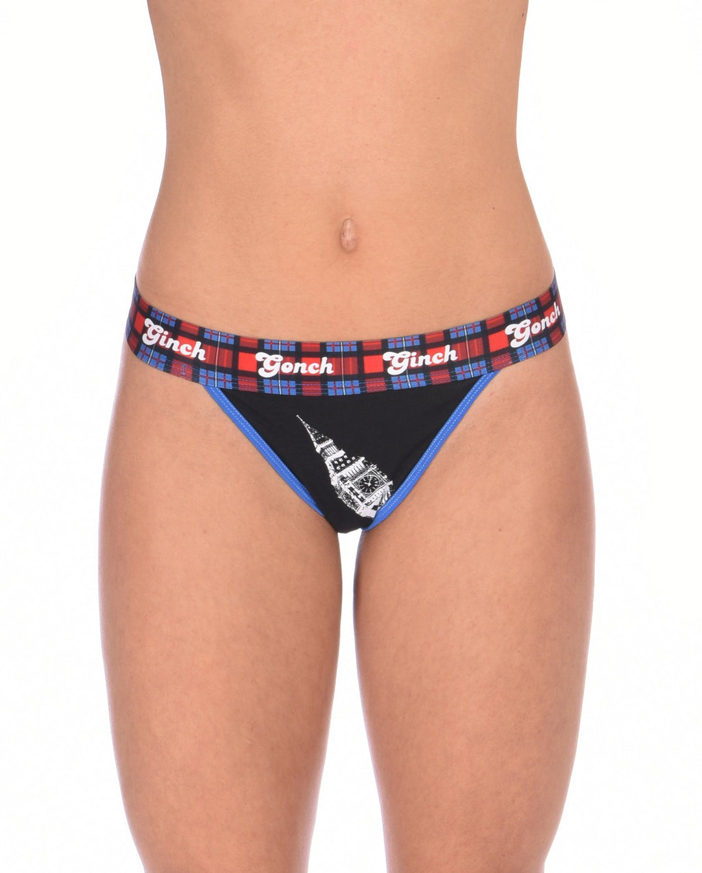 Ginch Gonch I Love London Women's Thong, black with Big Ben London Bridge print, anti muffin-top waistband, 4-way stretch cotton thong worn by model.