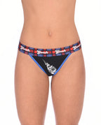Ginch Gonch I Love London Women's Thong, black with Big Ben London Bridge print, anti muffin-top waistband, 4-way stretch cotton thong worn by model.
