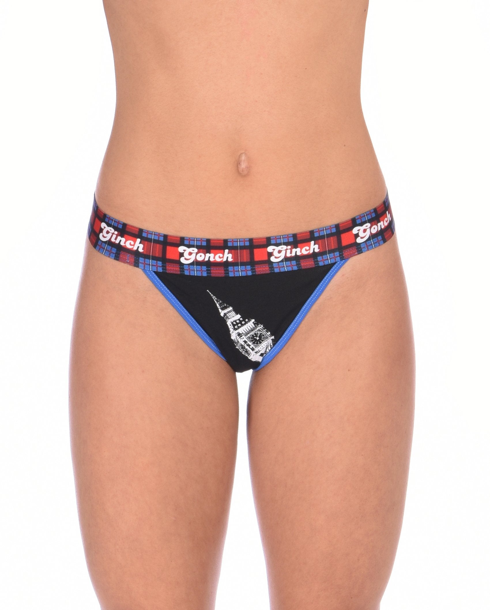 Ginch Gonch I Love London Women's Thong, black with Big Ben London Bridge print, anti muffin-top waistband, 4-way stretch cotton thong worn by model.
