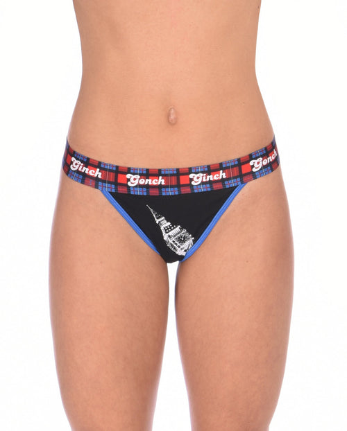 Ginch Gonch I Love London Women's Thong, black with Big Ben London Bridge print, anti muffin-top waistband, 4-way stretch cotton thong worn by model.