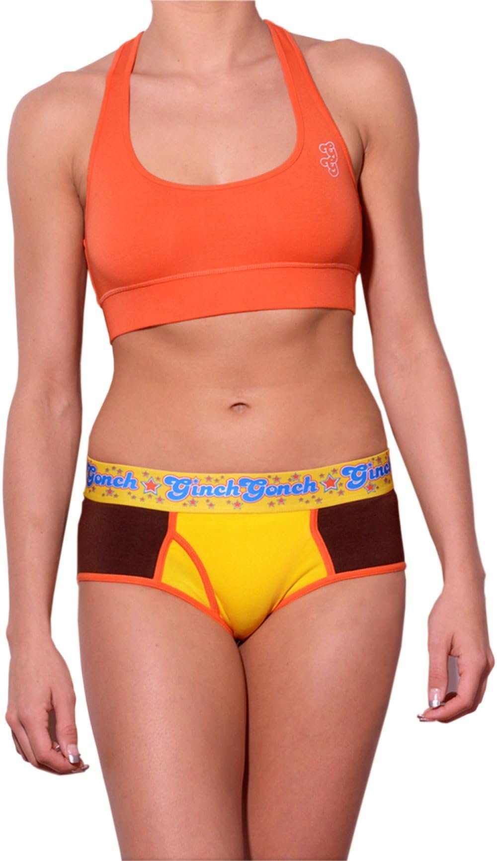 Ginch Gonch boyfriend brief yellow and brown color stretchable cotton worn with an orange sports bra by a model with a white background.