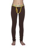 Ginch Gonch dark brown stretchable cotton leggings worn by a model with a white background.
