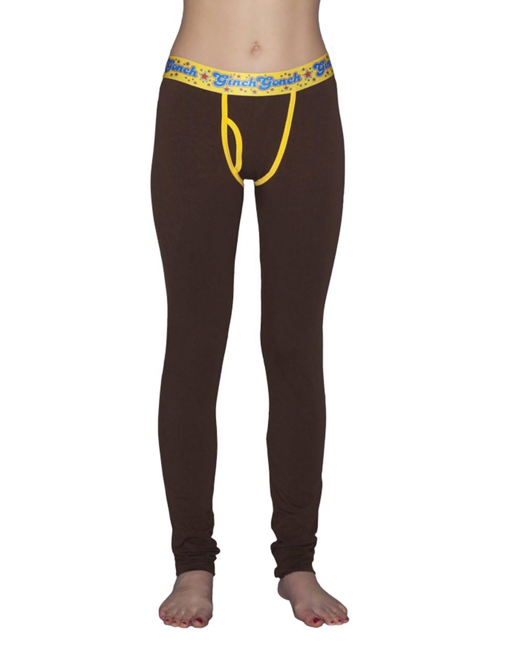 Ginch Gonch dark brown stretchable cotton leggings worn by a model with a white background.
