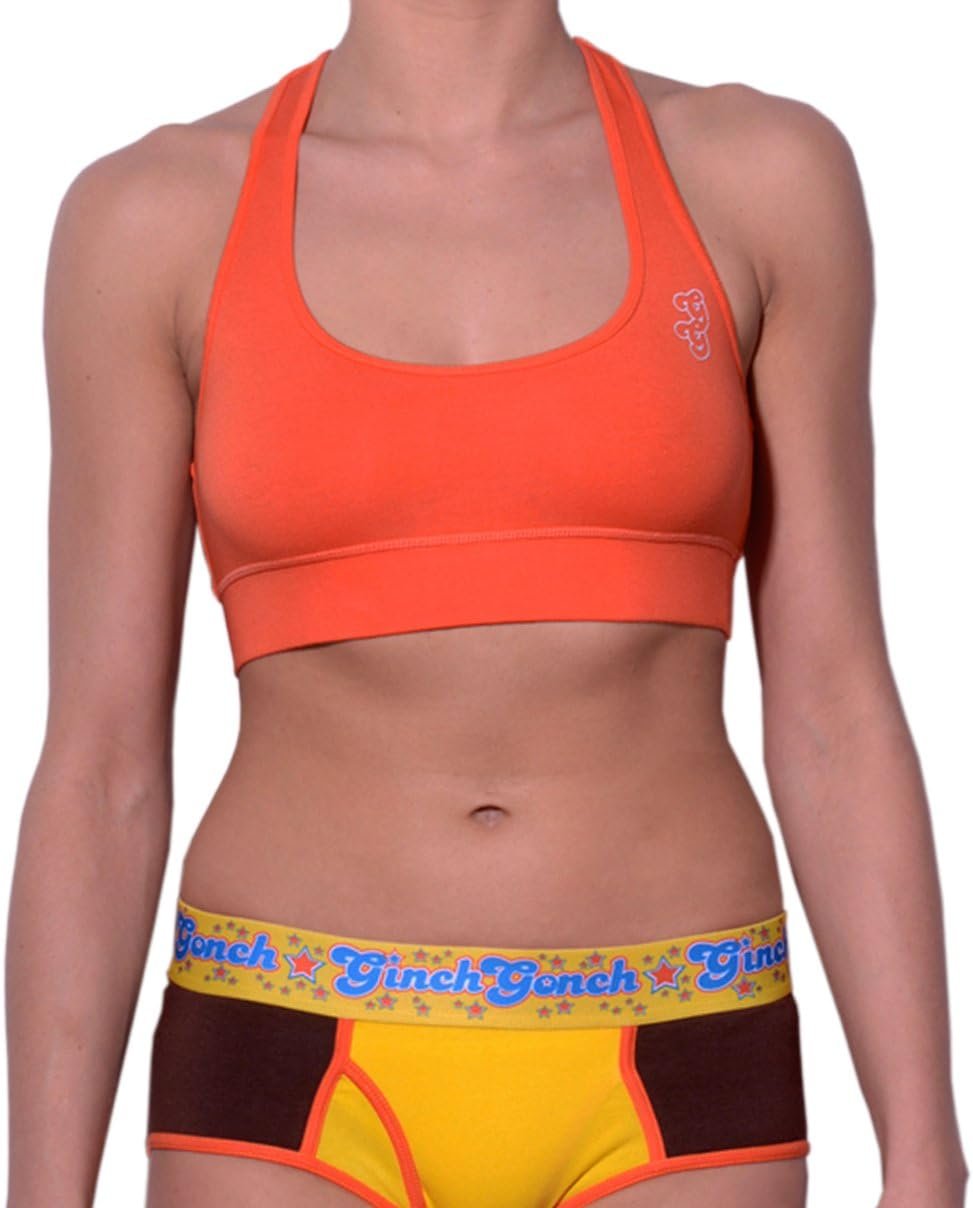 Ginch Gonch sporta bra orange color stretchable cotton worn with a colorblock panty brief by a model with a white background.
