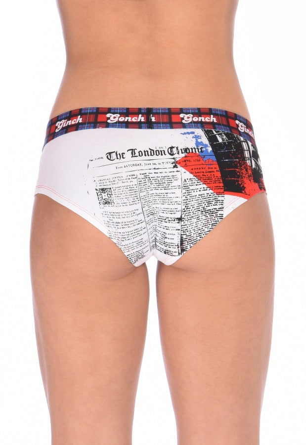 From the back of a model wearing Ginch Gonch London Calling Women's Thong in white UK landmark print, thong cut with anti muffin-top waistband.