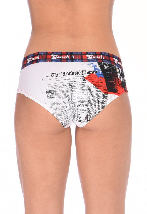From the back of a model wearing Ginch Gonch London Calling Women's Thong in white UK landmark print, thong cut with anti muffin-top waistband.