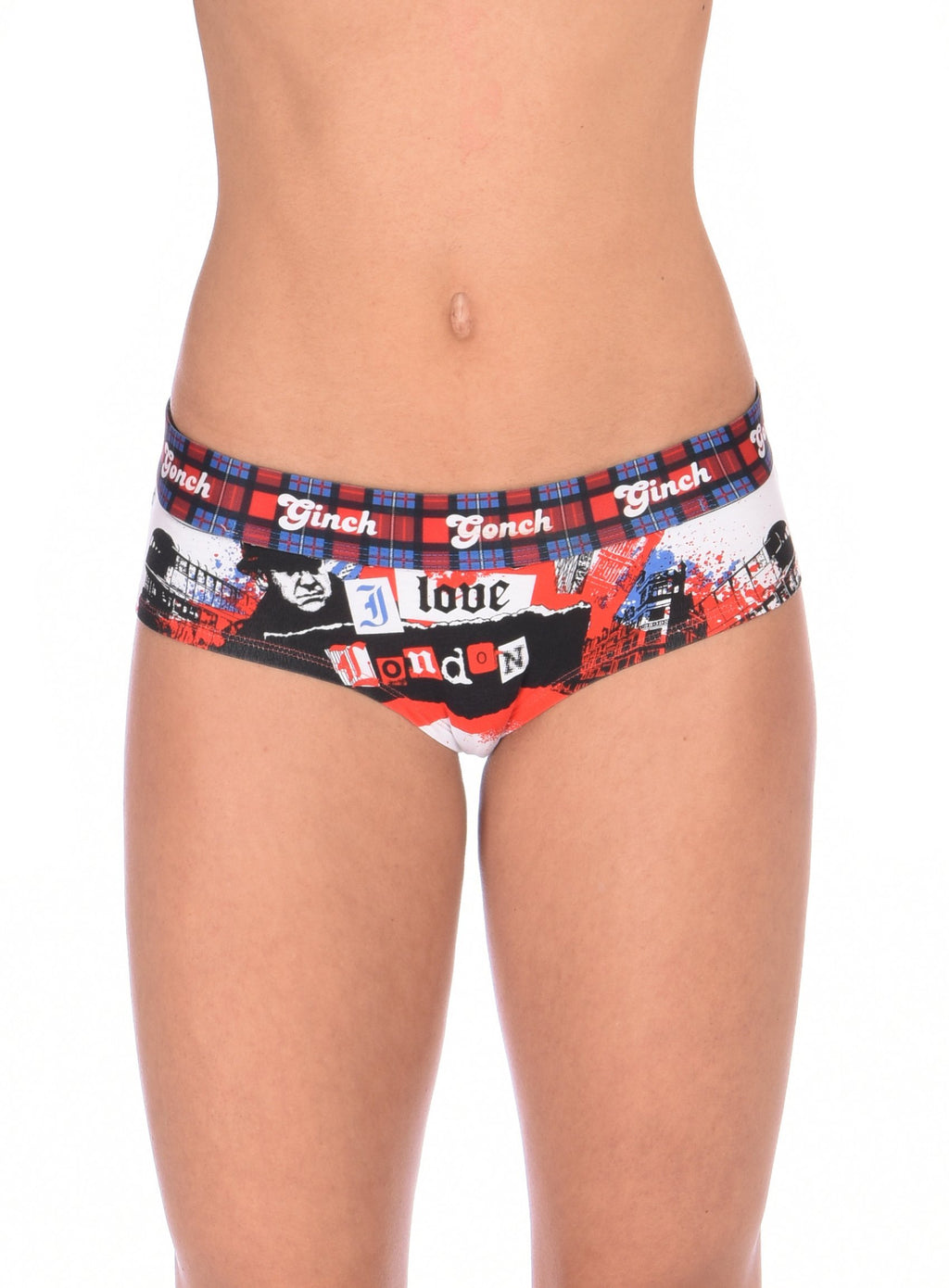 Ginch Gonch London Calling Women's Thong, white with Big Ben and London Bridge abstract print, anti muffin-top waistband, 4-way stretch cotton worn by model.