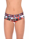 Ginch Gonch London Calling Women's Thong, white with Big Ben and London Bridge abstract print, anti muffin-top waistband, 4-way stretch cotton worn by model.