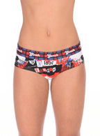 Ginch Gonch London Calling Women's Thong, white with Big Ben and London Bridge abstract print, anti muffin-top waistband, 4-way stretch cotton worn by model.