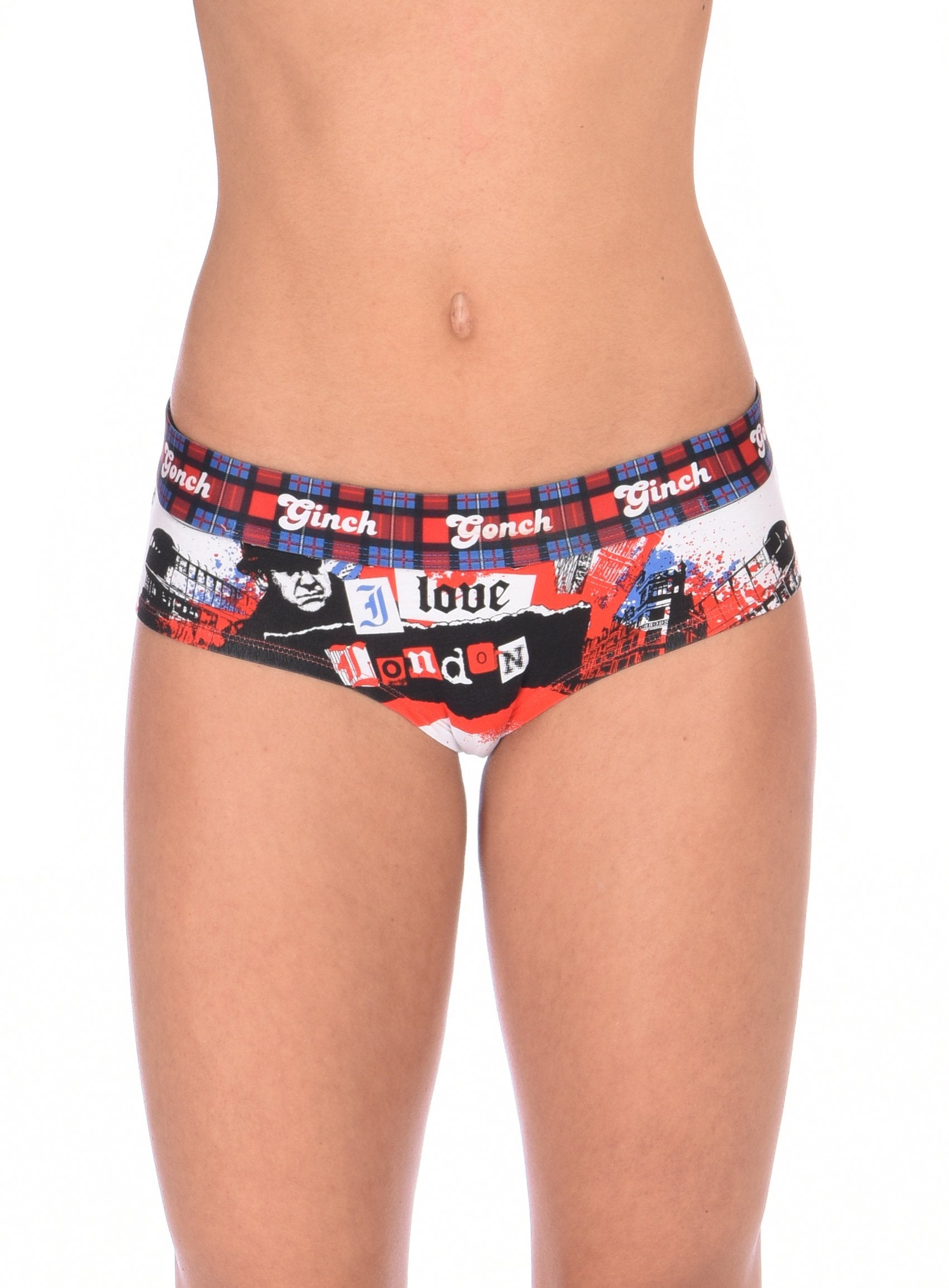 Ginch Gonch London Calling Women's Thong, white with Big Ben and London Bridge abstract print, anti muffin-top waistband, 4-way stretch cotton worn by model.