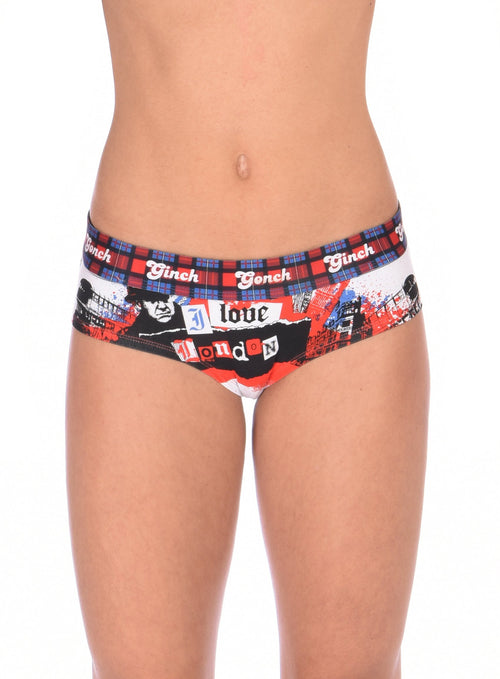 Ginch Gonch London Calling Women's Thong, white with Big Ben and London Bridge abstract print, anti muffin-top waistband, 4-way stretch cotton worn by model.