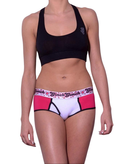 Ginch Gonch boyfriend brief pink and white color stretchable cotton worn with a black sports bra by a model with a white background.