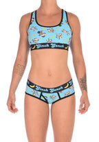 Ginch Gonch Monkey Business Women's Boyfriend Briefs, aqua monkey print, relaxed boyfriend cut, anti muffin-top waistband, worn by a model with matching sports bra.