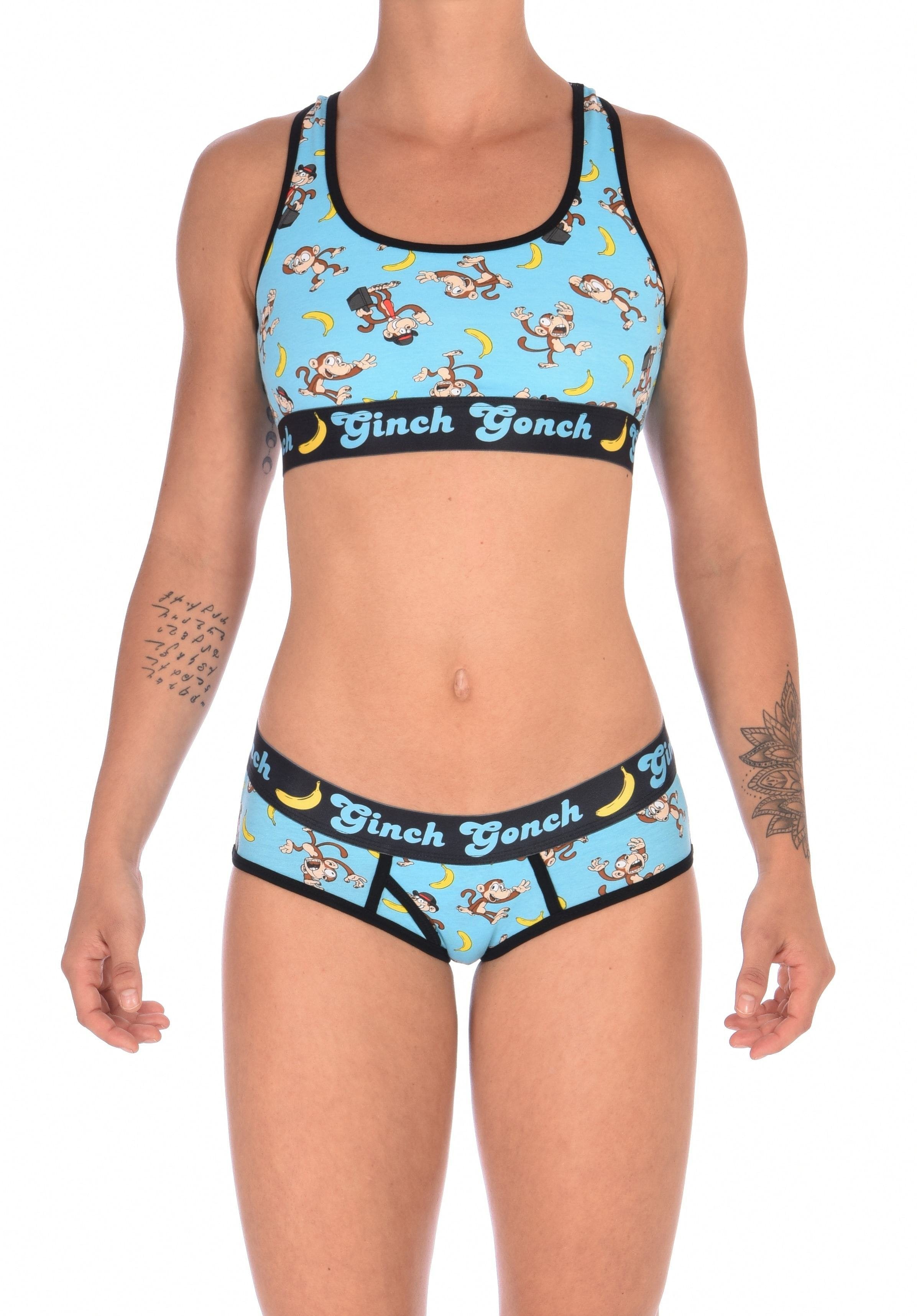 Ginch Gonch Monkey Business Women's Boyfriend Briefs, aqua monkey print, relaxed boyfriend cut, anti muffin-top waistband, worn by a model with matching sports bra.