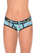 Ginch Gonch Monkey Business Women's Boyfriend Briefs, aqua blue monkey banana print, anti muffin-top waistband, stretch cotton, close-up on model.