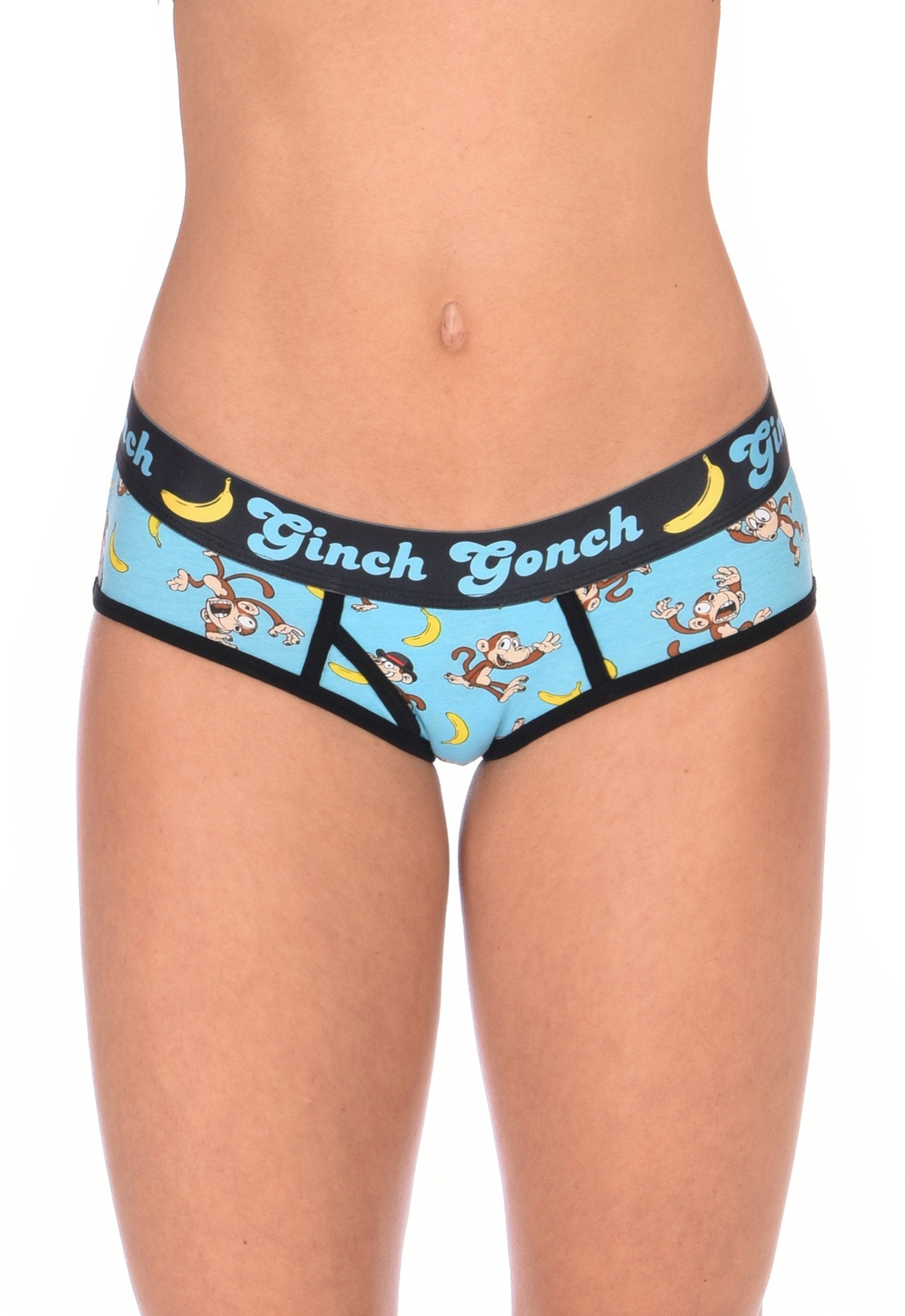 Ginch Gonch Monkey Business Women's Boyfriend Briefs, aqua blue monkey banana print, anti muffin-top waistband, stretch cotton, close-up on model.