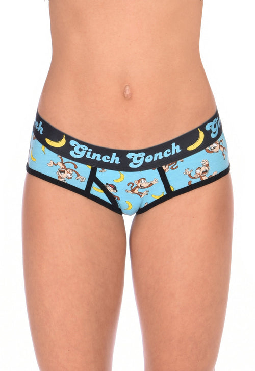 Ginch Gonch Monkey Business Women's Boyfriend Briefs, aqua blue monkey banana print, anti muffin-top waistband, stretch cotton, close-up on model.