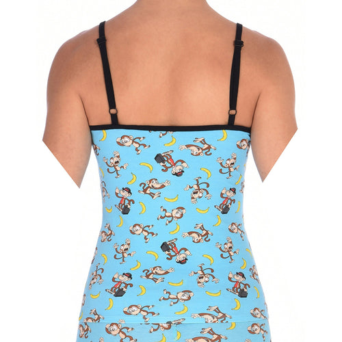 Back view of a model wearing Ginch Gonch Monkey Business Women's Camisole in aqua blue with black trim, all-over monkey banana print, stretch cotton.