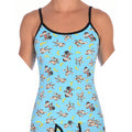 Ginch Gonch Monkey Business Women's Camisole, aqua blue with black trim, all-over monkey banana print, 4-way stretch cotton, waist-up on model.
