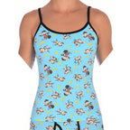 Ginch Gonch Monkey Business Women's Camisole, aqua blue with black trim, all-over monkey banana print, 4-way stretch cotton, waist-up on model.