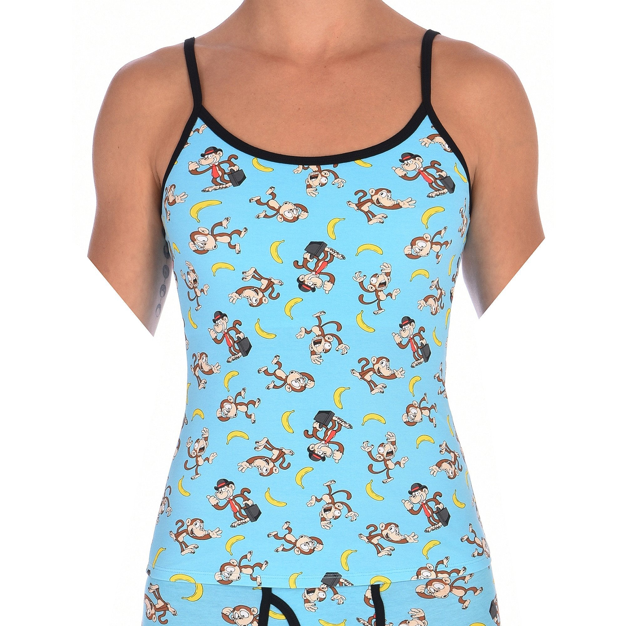 Ginch Gonch Monkey Business Women's Camisole, aqua blue with black trim, all-over monkey banana print, 4-way stretch cotton, waist-up on model.