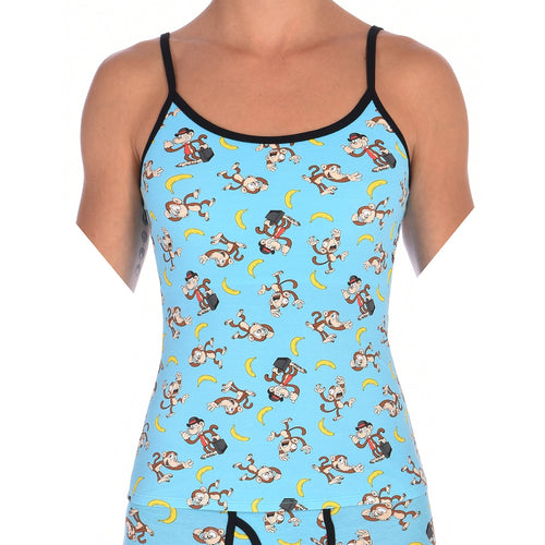 Ginch Gonch Monkey Business Women's Camisole, aqua blue with black trim, all-over monkey banana print, 4-way stretch cotton, waist-up on model.