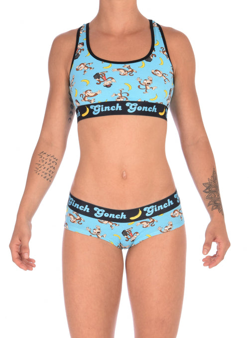 Ginch Gonch Monkey Business Women's Gogo Briefs in aqua blue monkey print, gogo cut with anti muffin-top waistband, worn by model with matching sports bra.