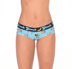Ginch Gonch Monkey Business Women's Gogo Briefs, aqua blue all-over monkey banana print, anti muffin-top waistband, 4-way stretch cotton close-up on model.