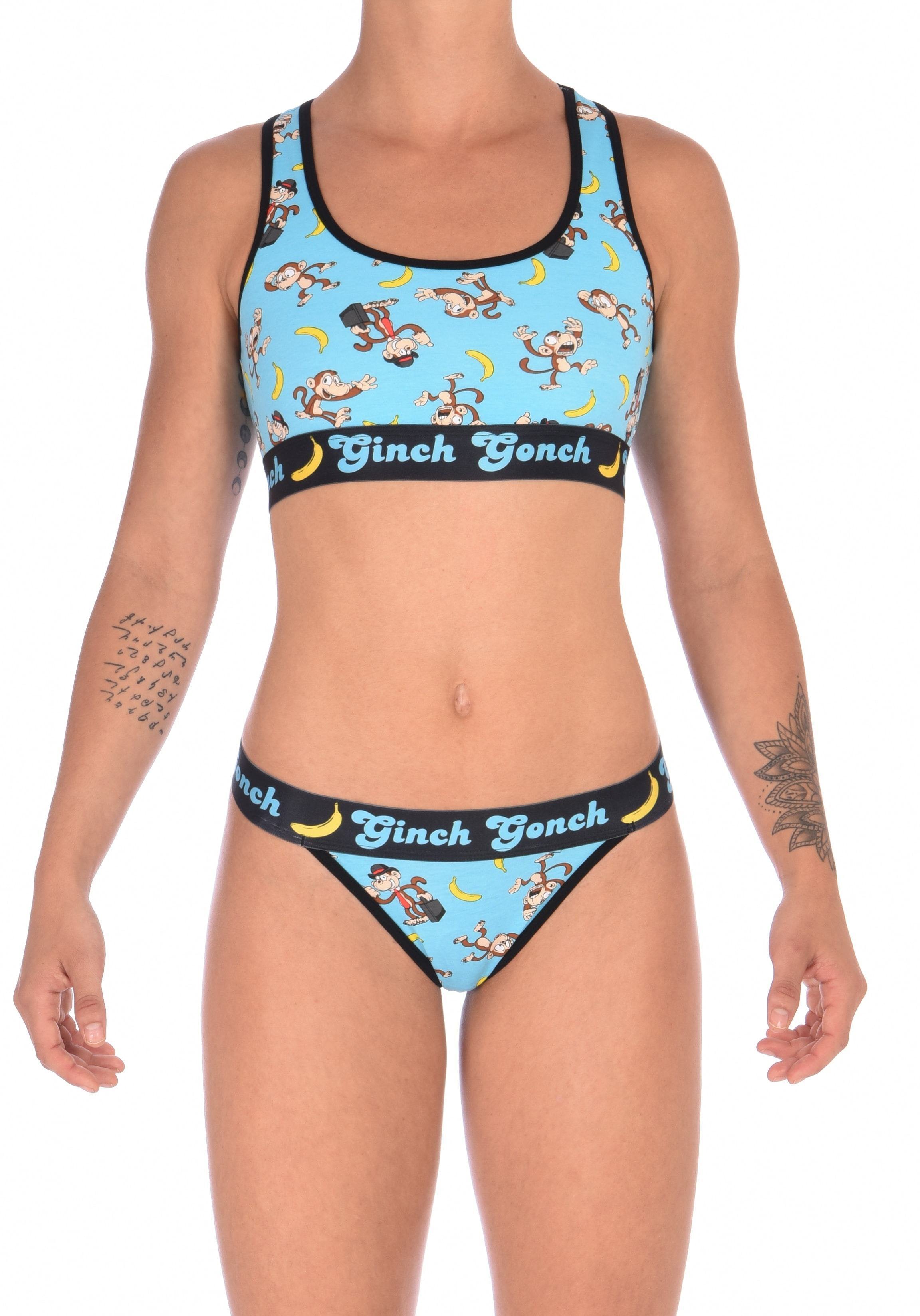 Ginch Gonch Monkey Business Women's Thong, aqua monkey print with black waistband, thong cut, anti muffin-top waistband worn by a model with matching sports bra.